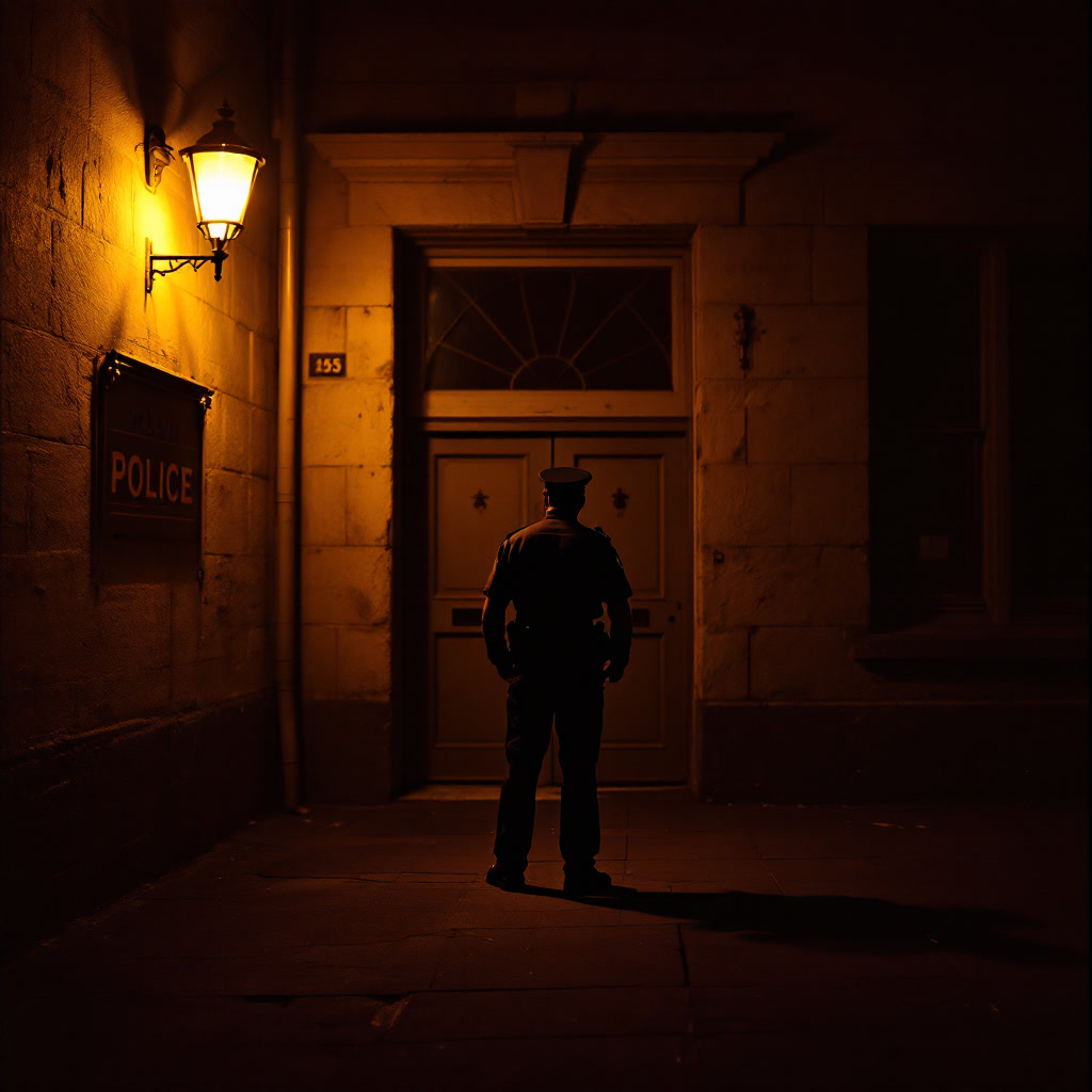 Silhouette of an anonymous uniformed officer outside an old sandstone Sydney police station at dusk, amber streetlamp glow, 1970s atmosphere.