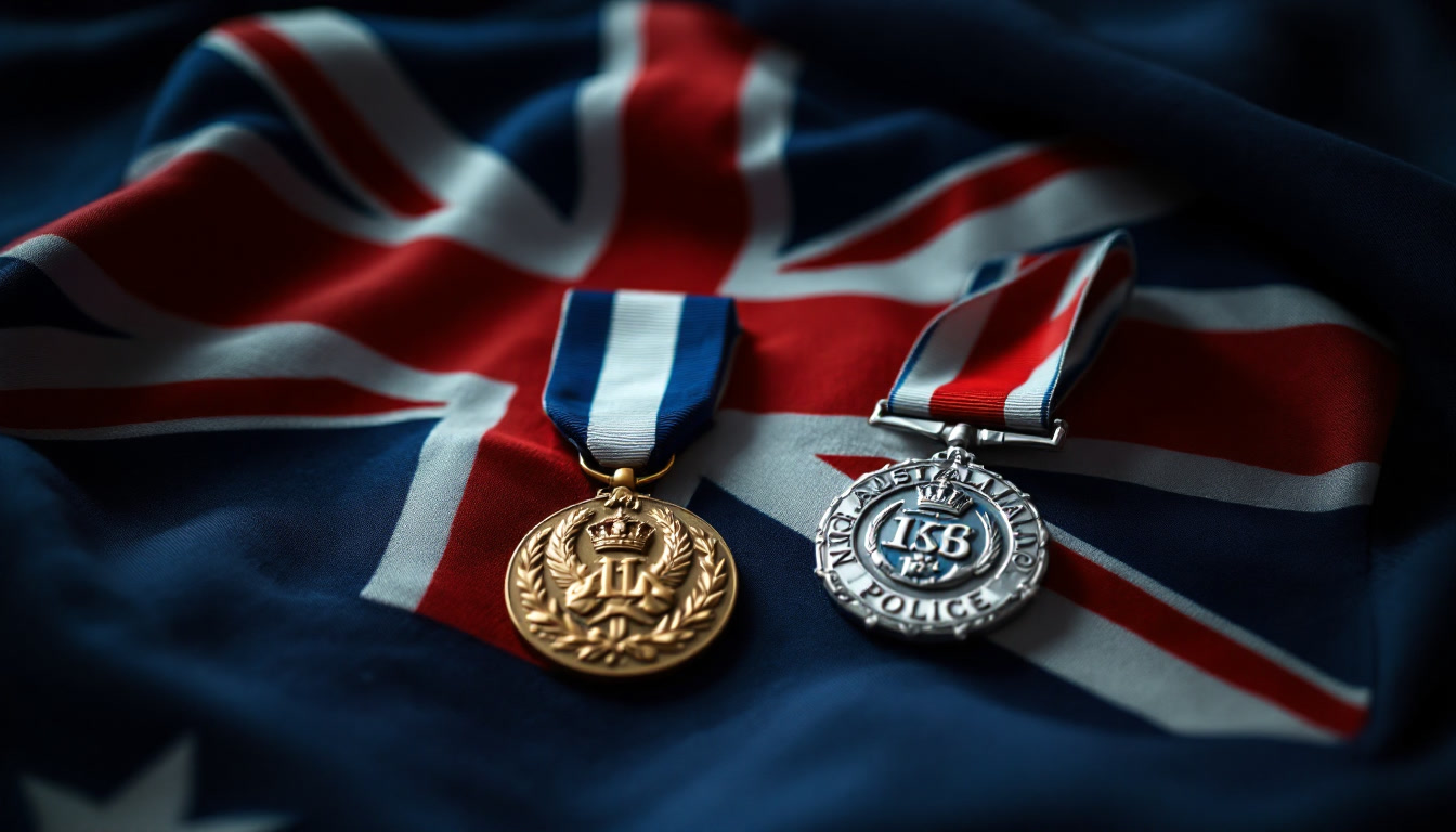 Service medals laid on a folded Australian flag against dark navy fabric, museum-catalog lighting.